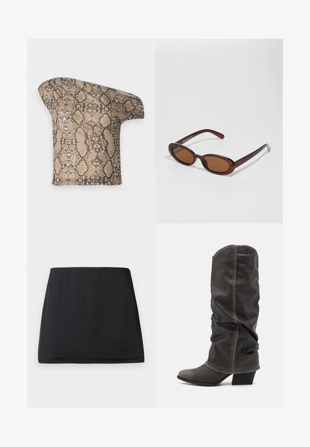 Un morceau de tissu à motif serpent texturé en beige et brun, avec une forme asymétrique, conçu pour un look moderne et unique.; Mini-jupe noire en tissu lisse et extensible. Elle présente une taille élastique et un design simple et épuré. Pas de motifs ni d'ornements.; Bottines en cuir gris hauteur mollet avec un design décontracté, bout pointu et talon empilé. Détails de couture remarquables sur la zone des orteils.; Lunettes de soleil rondes teinte brun avec une monture bordeaux brillante. Branches fines avec un détail de marque subtil. Design de verres plats.; Sac à main en motif serpent avec une poignée incurvée. Fabriqué à partir de matériaux texturés beiges et bruns, présentant un motif en diamant distinctif.