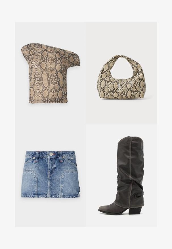 Tekstūruotas, smėlio ir rudos spalvos gyvatės odos rašto audinio gabalas su asimetrine forma, sukurtas unikaliam, moderniam įvaizdžiui.; Šviesiai mėlynas džinsinis mini sijonas. Yra priekiniai kišenės, sagų užsegimas ir diržo kilpos. Lygus paviršius su laisvalaikio dizainu.; Pilki odiniai batas iki blauzdų, su laisvu dizainu, smailiu pirštu ir pastatytu kulnu. Išskirtiniai siuvimo detalės ant pirštų srities.; Gyvatės rašto rankinė su kreiviu rankenėle. Pagaminta iš tekstūruotų smėlio ir rudos spalvos medžiagų, su išskirtiniu rombo raštu.