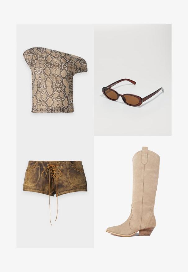 Tekstūruotas, smėlio ir rudos spalvos gyvatės odos rašto audinio gabalas su asimetrine forma, sukurtas unikaliam, moderniam įvaizdžiui.; Rudos užtrauktuvais šortai su tekstūruota paviršiumi ir kontrastingomis smėlio spalvos šniūromis. turi perforacijas ir prigludusį dizainą, kuris suteikia glaustą išvaizdą.; Smėlio spalvos zomšiniai kaubojų batai su smailiu pirštu, dekoratyvine siuvinėjimu ir mediniu kulnu. Aukštis siekia per vidurį blauzdos.; APvalūs, rudos spalvos saulės akiniai su blizgia burgundinės spalvos rėmeliu. Plonos šakutės su subtiliu ženklinimu. Lygus objektyvo dizainas.; Gyvatės rašto rankinė su kreiviu rankenėle. Pagaminta iš tekstūruotų smėlio ir rudos spalvos medžiagų, su išskirtiniu rombo raštu.