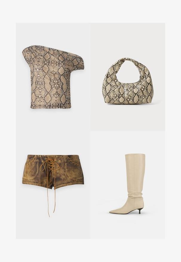 Texturált, bézs és barna kígyóbőr mintázatú szövetdarab, aszimmetrikus formával, amely egyedi, modern megjelenésre készült.; Barna, fűzős sort, textúrált felülettel és kontrasztos bézs fűzőkkel. Fémlyukakkal és testhezálló fazonnal rendelkezik, amely a szoros megjelenés érdekében készült.; Beige színű, térd fölé érő bőrcipők laza fazonnal, hegyes orral és visszafogott körömheggyel. Simább textúra minimális varrással.; Kígyómintás kézitáska ívelt fogantyúval. Texturált, bézs és barna anyagból készült, jellegzetes gyémántmintával.