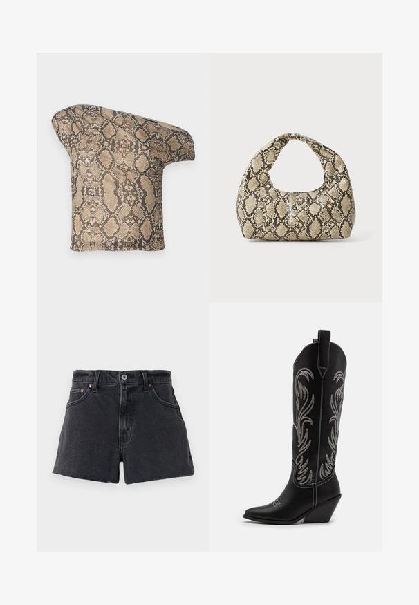 Teksturowany, beżowy i brązowy materiał w wzór węża, o asymetrycznym kształcie, zaprojektowany z myślą o unikalnym, nowoczesnym wyglądzie.; Czarne szorty dżinsowe z wysokim stanem, z postrzępionym dołem, pięcioma kieszeniami, metalowym zapięciem i subtelnym kontrastowym przeszyciem.; Czarne skórzane kowbojskie buty z wydłużonymi noskami, obcasem typu koturn oraz srebrnymi haftowanymi wzorami kwiatowymi wzdłuż cholewy. Kontrastowe szwy na całej długości.; Torebka w wężowy wzór z zakrzywionym uchwytem. Wykonana z teksturowanych, beżowych i brązowych materiałów, z charakterystycznym wzorem w diamenty.