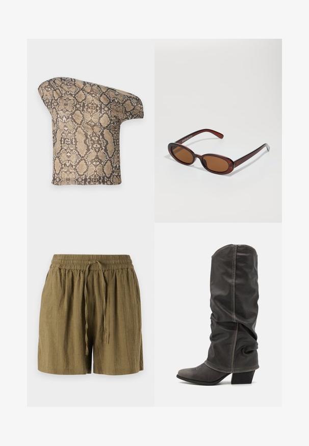 Textuur, beige en bruine slangenhuid-gepatenteerde stof met een asymmetrische vorm, ontworpen voor een unieke, moderne uitstraling.; Olijfgroene pull-on shorts gemaakt van lichtgewicht stof, met een elastische tailleband en een koord, in een ontspannen, losse pasvorm.; Grijze leren laarzen tot de kuit met een slouchy ontwerp, spitse neus en gestapelde hak. Opmerkelijke stikdetails op het neusstuk.; Ronde, bruin getinte zonnebril met een glanzend bordeauxrood frame. Slanke pootjes met subtiele merkdetails. Vlakke lensontwerp.; Slangpatroon handtas met een gebogen handvat. Gemaakt van gestructureerde, beige en bruine materialen, met een kenmerkend ruitpatroon.