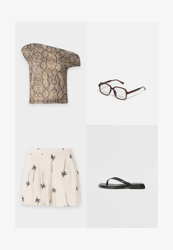 Textúrovaný kúsok látky s hnedo-bežovým hadím vzorom, s asymetrickým tvarom, navrhnutý pre jedinečný, moderný vzhľad.; Svetlo béžové šortky s čiernym vzorom paliem, s plisovaním vpredu a hladkým, ľahkým štruktúrovaným materiálom.; Čierne šľapky vyrobené z hladkej kože, s tenkým pásikom a plochou podrážkou s minimalistickým profilom. Bez výrazných vzorov alebo akcentov.; Hnedé, obdĺžnikové dioptrické okuliare s priehľadnými šošovkami a fialovými odtieňmi. Hladký plastový rám so zásadnými nožičkami a jemnými akcentmi.; Hnedá umelá kožená taška cez rameno s zakriveným tvarom, minimalistickým šitím a zlatými akcentami. Obsahuje zips na vrchu a nastaviteľný popruh.
