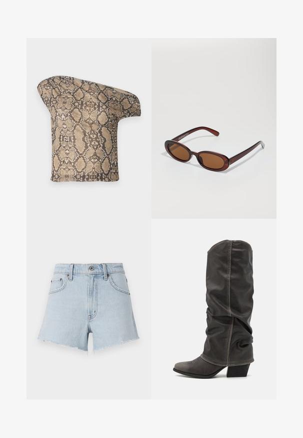 Strukturēts, beigs un brūns čūskādains auduma gabals ar asimetrisku formu, veidots unikālam, modernam izskatam.; Gai zilgani džinsi šorti ar augstu jostasvietu, frēdētu apakšmalu un piecām kabatām. Iespējas metāla pogu un kontrastējošu šuvumu.; Pelēki ādas zābaki līdz potītēm ar brīvu dizainu, smailo pirkstu un salikto papēdi. Ievērojama šuvju detaļa uz pirksta zonas.; Apaļas, brūnīgi nokrāsotas saulesbrilles ar spīdīgu bordo rāmīti. Šauri kāti ar diskrētu zīmola detaļu. Plakana objektīva dizains.; Čūsku raksta soma ar izliekto rokturi. Izgatavota no teksturētiem, bēšiem un brūniem materiāliem, ar izteiksmīgu dimanta rakstu.