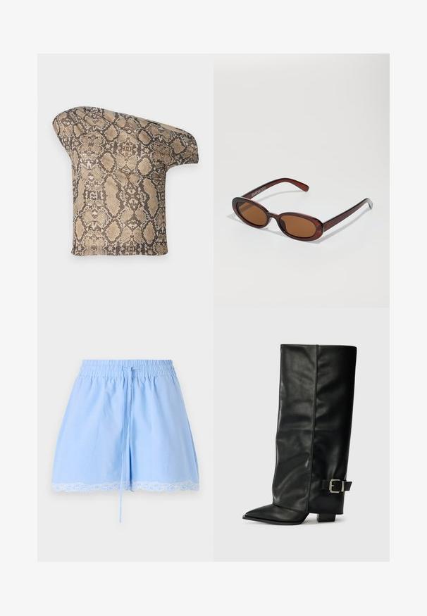 Un morceau de tissu à motif serpent texturé en beige et brun, avec une forme asymétrique, conçu pour un look moderne et unique.; Shorts en coton bleu clair avec une taille smockée, un cordon de serrage et une finition en dentelle blanche au bas. Texture douce et coupe décontractée.; Bottes noires en cuir longueur cheville avec un bout pointu, texture lisse et une accent en boucle argentée sur le côté. Talon carré épais.; Lunettes de soleil rondes teinte brun avec une monture bordeaux brillante. Branches fines avec un détail de marque subtil. Design de verres plats.; Sac à main en motif serpent avec une poignée incurvée. Fabriqué à partir de matériaux texturés beiges et bruns, présentant un motif en diamant distinctif.