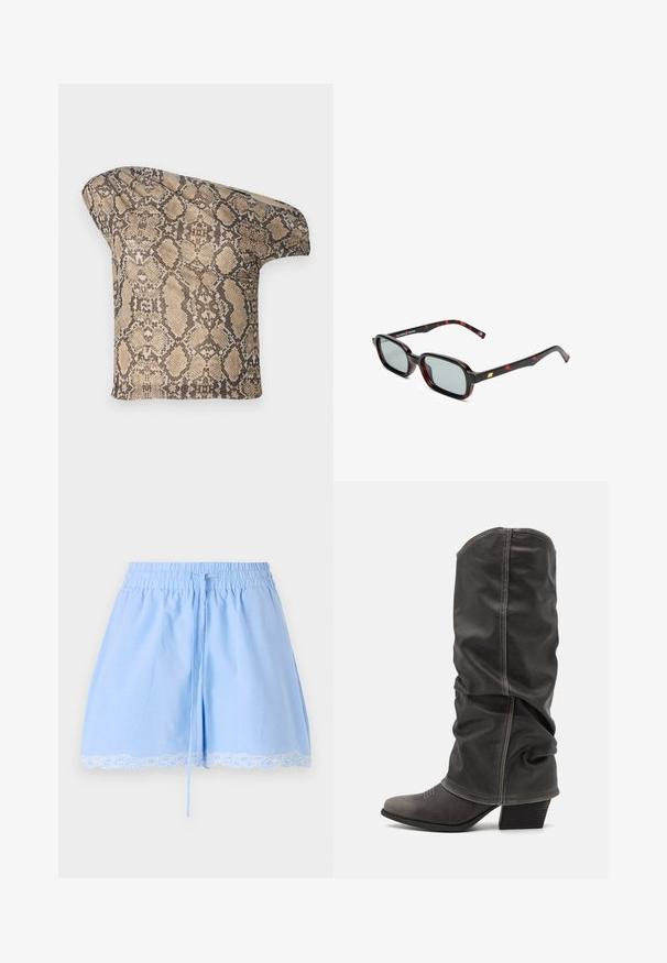 Tela texturizada en tonos beige y marrón con un patrón de piel de serpiente, con una forma asimétrica, diseñada para un aspecto moderno y único.; Pantalones cortos de algodón azul claro con cintura fruncida, detalle de cordón y acabado de encaje blanco en el dobladillo. Textura suave y ajuste relajado.; Botas de cuero gris hasta la pantorrilla con un diseño holgado, punta afilada y tacón apilado. Detalle de costura notable en la zona de los dedos.; Gafas de sol con montura rectangular de patrón negro y rojo, lentes grises y acento dorado en la patilla. El diseño es elegante y moderno.; Bolso de mano con estampado de serpiente y asa curvada. Hecho de materiales texturizados en tonos beige y marrón, con un patrónen diamante distintivo.