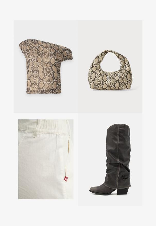Tekstuuriga beez ja pruun maos naha mustriga kangatükk, millel on asümmeetriline kuju, kujundatud ainulaadse ja kaasaegse ilme jaoks.; Kreemivärvi dressipüksid elastse vöökohaga ja küljetaskuga, millel on väike punane logotähe silt, millel on täht paremas taskus.; Hallid hall nahk-saapad, mis ulatuvad säärtesse ja millel on lohkuv disain, terav nina ja kihiline konts. Tähelepanuväärne õmblemise detail varvaste piirkonnas.; Musta käärmeprindiga kott kõveraga käepidemega. Valmistatud tekstiilsetest, beežidest ja pruunidest materjalidest, millel on iseloomulik rombikujuline muster.