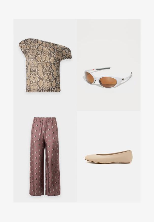 Texturált, bézs és barna kígyóbőr mintázatú szövetdarab, aszimmetrikus formával, amely egyedi, modern megjelenésre készült.; MM BOA - Nadrágok - mauve; Beige bőr balettcipő lekerekített orral, minimális varrás részletekkel, alacsony sarkú és diszkrét logóval a hátsó részen. Simább, matt textúrájú.; Fehér napszemüveg barna lencsékkel, ovális forma, sima műanyagból készült, szürke díszítéssel a szárakon és logóval a kereten.; Barna bőr kézitáska, hajtókás zárással, arany színű fém kiegészítőkkel, vállpánttal és sima felülettel. Kompakt téglalap alakú.
