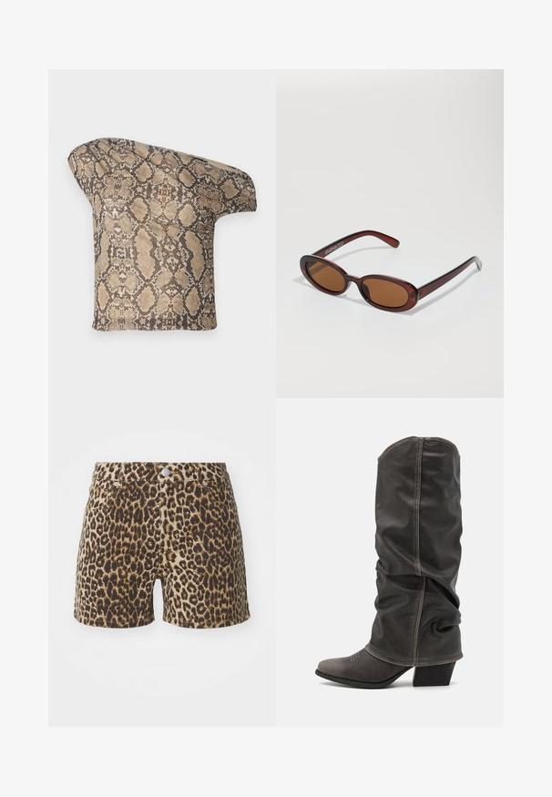 Kankaan pala, jossa on teksturoitu, beige ja ruskea käärmeennahkakuosi, epäsymmetrinen muotoilu, joka on suunniteltu ainutlaatuiseen ja moderniin ilmeeseen.; Shortsit, joissa on leopardikuosi ruskeansävyissä, varustettuna taskuilla, nappikiinnityksellä ja kapealla muotoilulla. Valmistettu kevyestä kankaasta.; Harmaat nahkasaappaat, jotka ulottuvat vasikan korkeuteen, löysällä muotoilulla, terävällä kärjellä ja kasattulla korolla. Huomattava ompelutaito kärkialueella.; Pyöreät, ruskehtavat aurinkolasit, joissa on kiiltävä burgundinpunainen runko. Kapeat sivut, joissa on hienovarainen brändäys. Litteät linssit.; Käärmeennahkakuosiset käsilaukku, jossa on kaareva kahva. Tehty teksturoiduista beigeistä ja ruskeista materiaaleista, joissa on erottuva timanttikuvio.