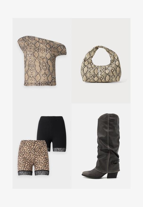 Strukturēts, beigs un brūns čūskādains auduma gabals ar asimetrisku formu, veidots unikālam, modernam izskatam.; Divi šorti: vieni no tiem ir melnā krāsā, otrais ir smilškrāsā leopardu rakstā ar melnu meža apdari apakšmalē. Abi ir vidēja garuma.; Pelēki ādas zābaki līdz potītēm ar brīvu dizainu, smailo pirkstu un salikto papēdi. Ievērojama šuvju detaļa uz pirksta zonas.; Čūsku raksta soma ar izliekto rokturi. Izgatavota no teksturētiem, bēšiem un brūniem materiāliem, ar izteiksmīgu dimanta rakstu.