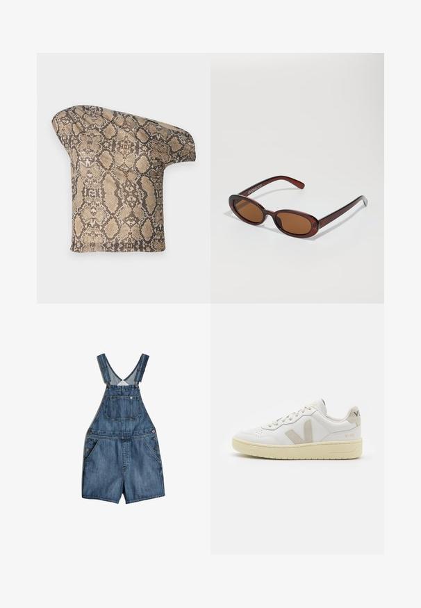 Textúrovaný kúsok látky s hnedo-bežovým hadím vzorom, s asymetrickým tvarom, navrhnutý pre jedinečný, moderný vzhľad.; Džíny v stredne modrej farbe, s nastaviteľnými popruhmi, prednou vreckom a bočnými gombíkovými uzávermi. Materiál má hladkú textúru.; Biele kožené tenisky s béžovými semišovými akcentmi, perforovanou špičkou, plochými šnúrkami a textúrovanou krémovou podrážkou. Obsahujú jemné označenie na päte.; Okrúhle slnečné okuliare s hnedým nádychom a lesklým burgundským rámom. Úzke ramená s jemným brandovaním. Plochej šošovky dizajn.; Kabelka s hadím vzorom a zakriveným rukoväťou. Vyrobená z textúrovaných béžových a hnedých materiálov, s charakteristickým diamantovým vzorom.