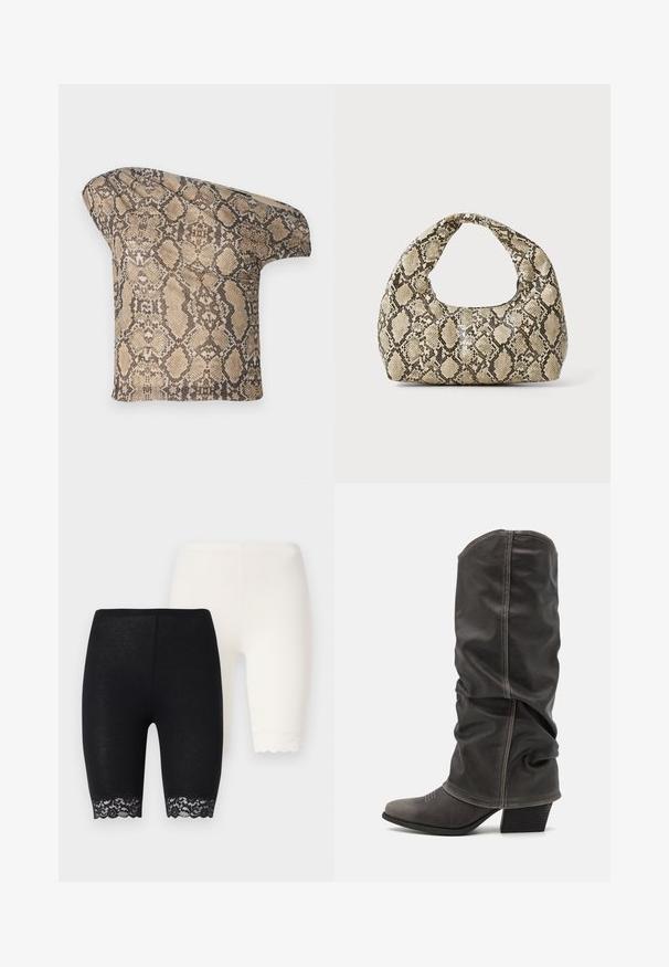 Tkanina s uzorkom zmijske kože u bež i smeškastim tonovima, s asimetričnim oblikom, dizajnirana za jedinstven, moderan izgled.; Crne i bijele rastezljive kratke hlače s čipkastim detaljima na rubovima. Crni par ima cvjetni čipkasti uzorak, dok bijeli par ima jednolični obrub.; Sive kožne čizme do potkoljenice sa opuštenim dizajnom, šiljastim vrhom i složenim potplatom. Primjetna šavova na području vrha.; Torba s uzorkom zmije s zakrivljenom drškom. Izrađena od teksturiranih materijala u bež i smešnim tonovima, sa karakterističnim dijamantnim uzorkom.