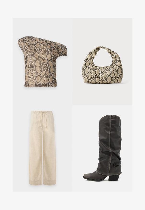 Un morceau de tissu à motif serpent texturé en beige et brun, avec une forme asymétrique, conçu pour un look moderne et unique.; Pantalons amples en lin beige avec une taille élastique et un cordon de serrage. Le tissu a une finition texturée, offrant un aspect léger et aéré.; Bottines en cuir gris hauteur mollet avec un design décontracté, bout pointu et talon empilé. Détails de couture remarquables sur la zone des orteils.; Sac à main en motif serpent avec une poignée incurvée. Fabriqué à partir de matériaux texturés beiges et bruns, présentant un motif en diamant distinctif.