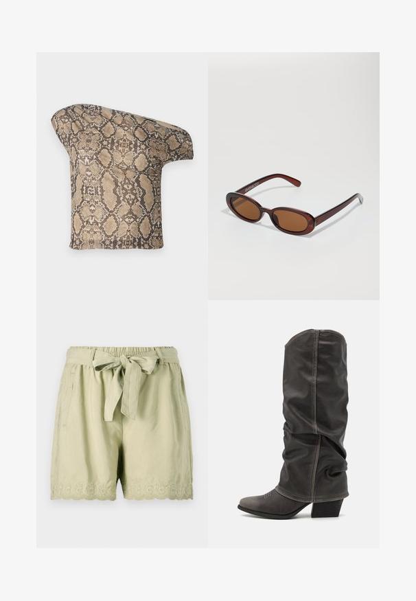 Tekstūruotas, smėlio ir rudos spalvos gyvatės odos rašto audinio gabalas su asimetrine forma, sukurtas unikaliam, moderniam įvaizdžiui.; Šviesiai žali šortai, pagaminti iš minkštos medžiagos, su elastingu juosmeniu, surištų diržu, šoninėmis kišenėmis ir sudėtingu banguotu siuvinėjimu apačioje.; Pilki odiniai batas iki blauzdų, su laisvu dizainu, smailiu pirštu ir pastatytu kulnu. Išskirtiniai siuvimo detalės ant pirštų srities.; APvalūs, rudos spalvos saulės akiniai su blizgia burgundinės spalvos rėmeliu. Plonos šakutės su subtiliu ženklinimu. Lygus objektyvo dizainas.; Gyvatės rašto rankinė su kreiviu rankenėle. Pagaminta iš tekstūruotų smėlio ir rudos spalvos medžiagų, su išskirtiniu rombo raštu.