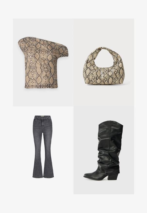 Un morceau de tissu à motif serpent texturé en beige et brun, avec une forme asymétrique, conçu pour un look moderne et unique.; Jeans évasés taille haute en denim gris foncé, avec un design classique à cinq poches, fermeture à bouton et un léger effet délavé.; Bottes noires en cuir, montantes jusqu'au genou, avec un design plissé, un bout pointu et un talon épais, présentant une texture lisse et des coutures minimales.; Sac à main en motif serpent avec une poignée incurvée. Fabriqué à partir de matériaux texturés beiges et bruns, présentant un motif en diamant distinctif.