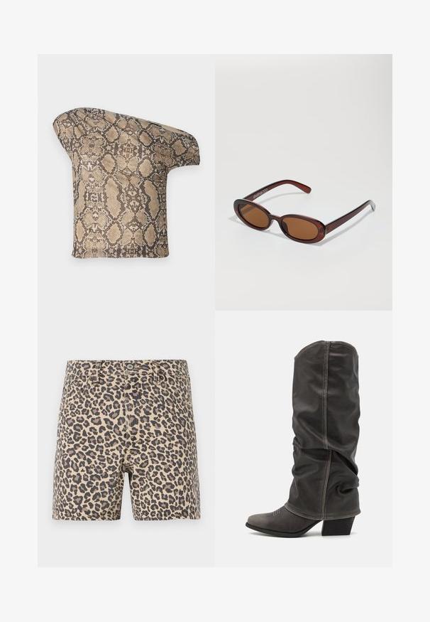 Tela texturizada en tonos beige y marrón con un patrón de piel de serpiente, con una forma asimétrica, diseñada para un aspecto moderno y único.; Pantalones cortos de mezclilla con estampado de leopardo en beige y negro. Diseño clásico de cinco bolsillos con cierre de botón y lazos para cinturón. Textura suave.; Botas de cuero gris hasta la pantorrilla con un diseño holgado, punta afilada y tacón apilado. Detalle de costura notable en la zona de los dedos.; Gafas de sol redondas con tinte marrón y un marco burdeos brillante. Patillas delgadas con un sutil detalle de marca. Diseño de lentes planos.; Bolso de mano con estampado de serpiente y asa curvada. Hecho de materiales texturizados en tonos beige y marrón, con un patrónen diamante distintivo.