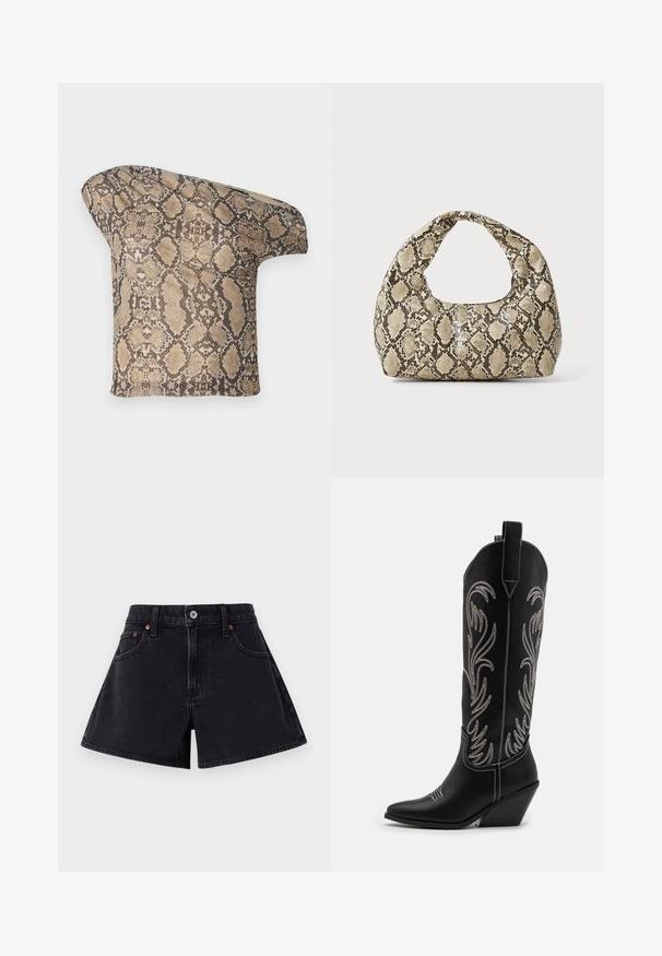 Textured, beige and brown snake skin-patterned fabric piece with an asymmetrical shape, designed for a unique, modern look.; Black denim shorts with a high waist, featuring a front button closure, five-pocket design, and a slightly flared shape.; Black leather cowboy boots with pointed toes, wedge heels, and silver embroidered floral patterns along the shaft. Contrast stitching throughout.; Snake-print handbag with a curved handle. Made from textured, beige and brown materials, featuring a distinctive diamond pattern.