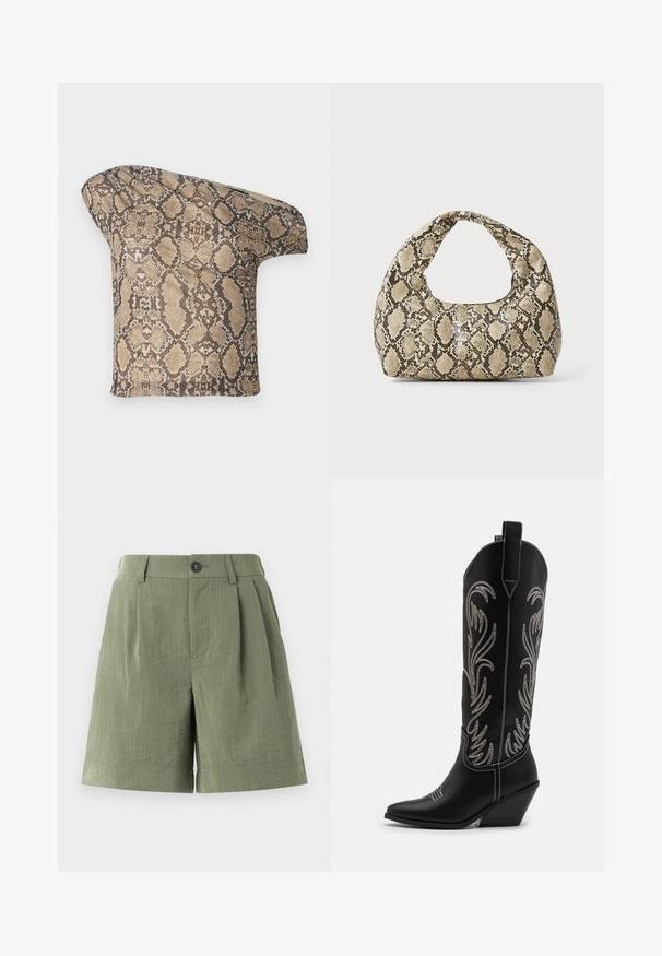 Tekstūruotas, smėlio ir rudos spalvos gyvatės odos rašto audinio gabalas su asimetrine forma, sukurtas unikaliam, moderniam įvaizdžiui.; Žalios klostuotos šortai iš tekstūruoto audinio. Su mygtuko uždarymu ir tiesiu apdailu, turintys pritaikytą siluetą.; Juodi oda kaubojiški batai su smailiu nosiu, stulpeliu ir sidabriniais siuvinėti gėlių raštais palei šoną. Kontrastingas siuvinėjimas visoje bato dalyje.; Gyvatės rašto rankinė su kreiviu rankenėle. Pagaminta iš tekstūruotų smėlio ir rudos spalvos medžiagų, su išskirtiniu rombo raštu.