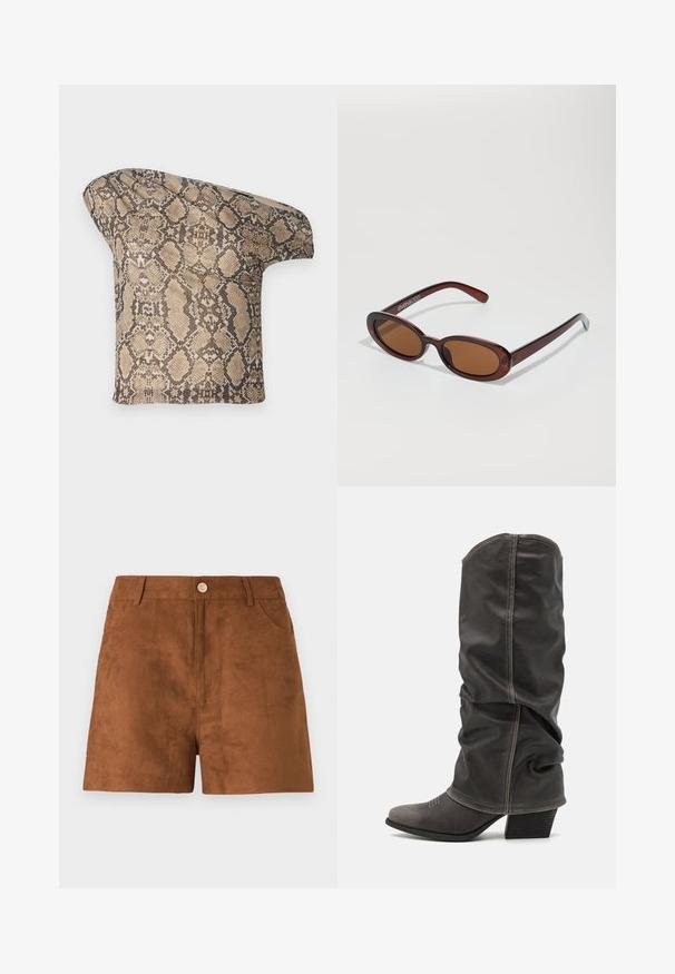 Strukturēts, beigs un brūns čūskādains auduma gabals ar asimetrisku formu, veidots unikālam, modernam izskatam.; Brūnas zamšādas šorti ar gludu tekstūru, ar priekšējo pogu aizdari un sānu kabatām. Taisna piegriezuma un vidēji līdz augšstilba garumam.; Pelēki ādas zābaki līdz potītēm ar brīvu dizainu, smailo pirkstu un salikto papēdi. Ievērojama šuvju detaļa uz pirksta zonas.; Apaļas, brūnīgi nokrāsotas saulesbrilles ar spīdīgu bordo rāmīti. Šauri kāti ar diskrētu zīmola detaļu. Plakana objektīva dizains.; Čūsku raksta soma ar izliekto rokturi. Izgatavota no teksturētiem, bēšiem un brūniem materiāliem, ar izteiksmīgu dimanta rakstu.