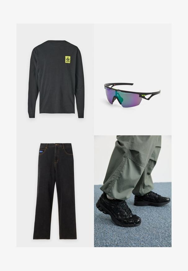 Črna dolga majica z dolgimi rokavi iz bombaža z okroglim izrezom. Ima majhen svetlo rumen grafični print na levi strani prsnega dela.; Črne jeans hlače s ravnimi nogavicami, kontrastnim oranžnim šivom, petimi žepi in gumbom za zapiranje. Imajo majhen modri logotip znamke.; Črne športne superge z sijajnimi in mrežastimi teksturami, ki imajo debel podplat in vezalke, v kombinaciji z ohlapnimi olivno zelenimi cargo hlačami.; Športne sončna očala z črnim okvirjem, velikimi gradacijskimi lečami v vijoličnih in zelenih odtenkih ter oglatimi oblikovnimi poudarki z logotipom.