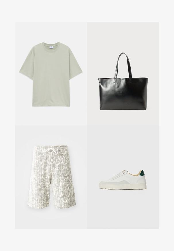 Lyst grøn løs pasform kortærmet bomulds T-shirt med rund halsudskæring, lagt fladt på hvid baggrund.; Lettere shorts lavet af vævet stof, med et grå og hvidt geometrisk mønster, elastisk talje med snøre og løs pasform.; Hvide sneakers med ruskindsdetaljer, rund tå, flade snørebånd og en cremet gummisål. Har grøn branding på hælen.; Sort glat læder tote taske med to skulderremme, rektangulær form og subtil syning på en hvid baggrund.
