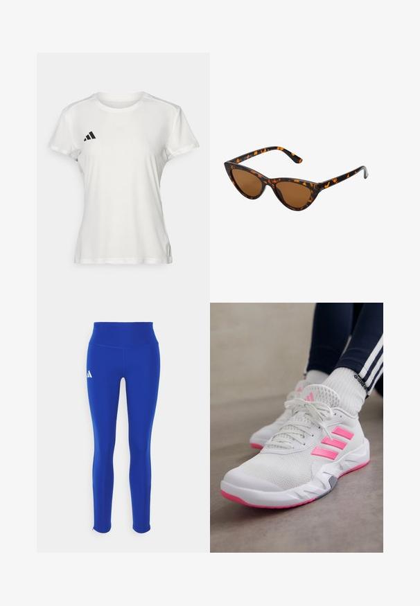 Tricou sportiv alb din material care absoarbe umezeala. Mâneci scurte, guler rotund, cu logo negru și emblemă cu trei dungi pe pieptul stâng.; Leggings atletice albastre cu talie înaltă, realizate dintr-un material elastic, având un logo alb pe șoldul stâng și tivuri discrete.; Încălțăminte sport albă cu dungi roz și tălpică roz, purtată cu șosete albe Adidas și pantaloni bleumarin cu dungi albe, pe un pardoseală gri.; Ochelari de soare în stil cat-eye, cu o ramă din material cu tortoiseshell negru și portocalie, lentile maro și vârfuri elegante, ascuțite. Prezintă un logo minimal pe brățara ochelarilor.