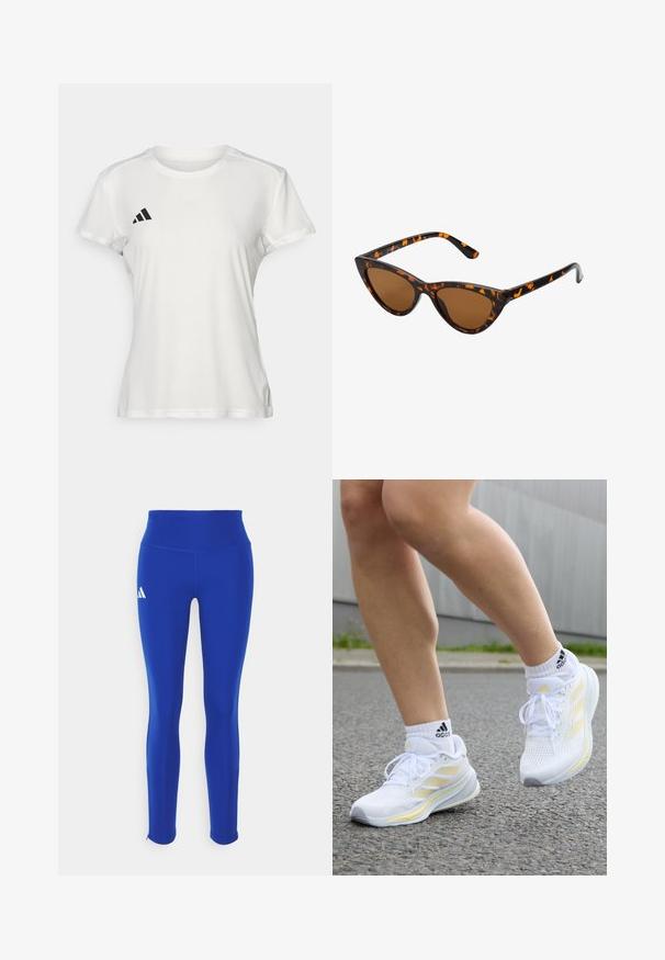 Biely športový tričko vyrobené z tkaniny odvádzajúcej vlhkosť. Krátke rukávy, okrúhly výstrih, s čiernym logom a emblémom s tromi pruhmi na ľavej hrudi.; Modré športové legíny s vysokým pásom, vyrobené z elastického materiálu, s bielym logom na ľavom boku a diskrétnymi lemami.; adidas Performance SUPERNOVA RISE W - Cestná bežecká obuv - footwear white/zero metallic/almost yellow; Mačacie slnečné okuliare s čiernym a oranžovým želvovinovým rámom, hnedými sklami a elegantnými, špicatými koncami. Obsahujú minimalistické logo na spánku.