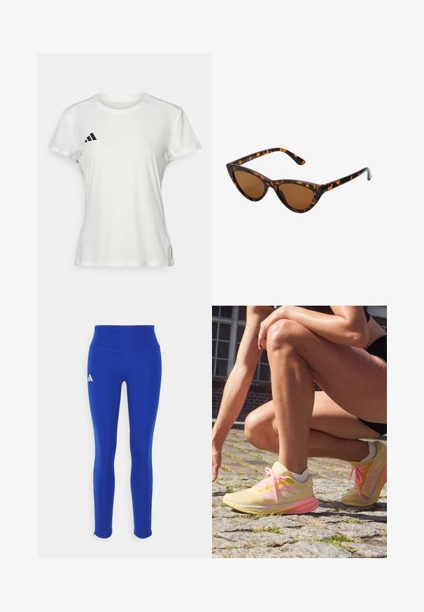 T-shirt sportivo bianco realizzato in tessuto traspirante. Maniche corte, colletto rotondo, presenta un logo nero e un emblema a tre strisce sul lato sinistro del petto.; Leggings atletici blu con vita alta, realizzati in materiale elastico, con un logo bianco sull'anca sinistra e orli discreti.; adidas Performance SUPERNOVA STRIDE - Scarpe da corsa su strada - almost yellow/zero metallic/pink spark; Occhiali da sole cat-eye con una montatura tartarugata nera e arancione, lenti marroni e punte affusolate e eleganti. Presentano un logo minimale sulla asta.