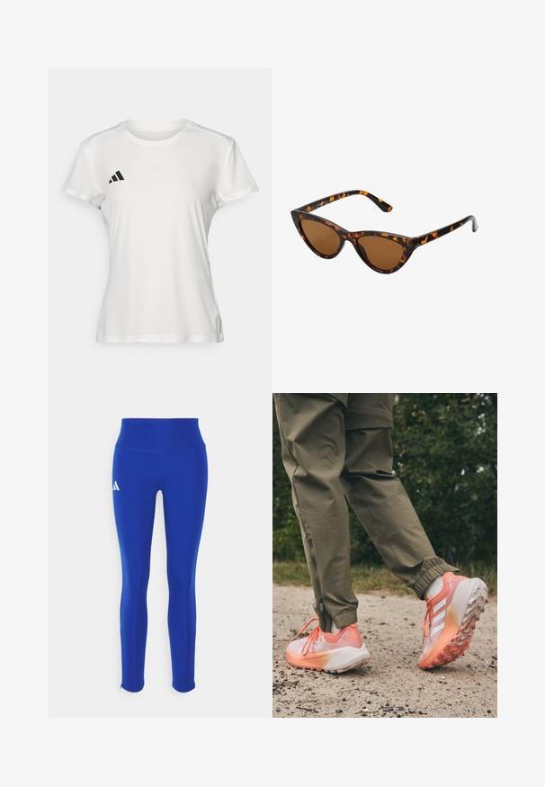 Weißes Sport-T-Shirt aus feuchtigkeitsregulierendem Material. Kurze Ärmel, Rundhals, mit schwarzem Logo und drei-Streifen-Emblem auf der linken Brust.; Blaue Sportleggings mit hohem Bund, aus dehnbarem Material, mit einem weißen Logo auf der linken Hüfte und unauffälligen Säumen.; Sportlich designte Schuhe mit einem Farbverlauf, hauptsächlich in Pink und Weiß, mit strukturierten Sohlen und kontrastierenden Schnürsenkeln, getragen zu olivgrünen Hosen.; Katzenaugen-Sonnenbrille mit einem schwarz-orangenen Schildpattrahmen, braunen Gläsern und schlanken, spitzen Enden. Verfügt über ein minimalistisches Logo am Bügel.