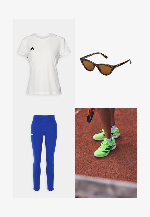 Bijela atletska majica od tkanine koja upija vlagu. Kratki rukavi, okrugli izrez, s crnim logotipom i emblemom s tri pruge na lijevoj strani prsiju.; Plave atletske tajice s visokim strukom, izrađene od rastezljivog materijala, s bijelim logotipom na lijevom boku i suptilnim rubovima.; Tenisaš u neonsko zelenim Adidas tenisicama i bijelim Adidas čarapama na crvenoj glinenoj podlozi, drži narandžasti teniski reket.; Sunglasses u obliku mačjih očiju s okvirom u crno-narančastom kornjačevom uzorku, smešnim lećama i elegatnim, šiljastim vrhovima. Sadrži minimalni logo na dršci.