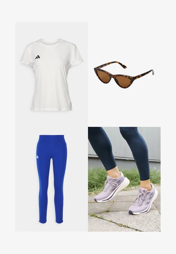 Balta sportinė marškinėliai, pagaminti iš drėgmę praleidžiančios medžiagos. Trumpi rankoviai, apvalus iškirpimas, juoda logotipas ir trijų juostų emblema kairėje krūtinės pusėje.; Mėlynos sportinės legging'os su aukštu liemeniu, pagamintos iš tamprios medžiagos, su balta logotipu ant kairiojo klubų ir diskretiškomis siūlėmis.; adidas Performance SUPERNOVA RISE W - Bėgimo batai plentui - preloved fig/putty mauve/shadow violet; Katės akies saulės akiniai su juodu ir oranžiniu šarvuotu rėmeliu, ruda objektyvu ir elegantiškais, smailiais galiukais. Rėmelyje yra minimalus logotipas ant šventės.