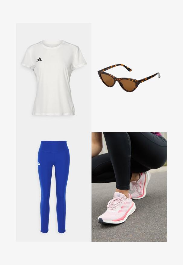 T-shirt sportivo bianco realizzato in tessuto traspirante. Maniche corte, colletto rotondo, presenta un logo nero e un emblema a tre strisce sul lato sinistro del petto.; Leggings atletici blu con vita alta, realizzati in materiale elastico, con un logo bianco sull'anca sinistra e orli discreti.; adidas Performance SUPERNOVA STRIDE - Scarpe da corsa su strada - sandy pink/preloved scarlet/alumina; Occhiali da sole cat-eye con una montatura tartarugata nera e arancione, lenti marroni e punte affusolate e eleganti. Presentano un logo minimale sulla asta.