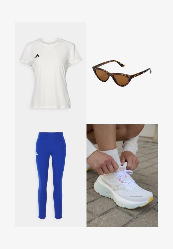 T-shirt sportivo bianco realizzato in tessuto traspirante. Maniche corte, colletto rotondo, presenta un logo nero e un emblema a tre strisce sul lato sinistro del petto.; Leggings atletici blu con vita alta, realizzati in materiale elastico, con un logo bianco sull'anca sinistra e orli discreti.; Saucony HURRICANE 24 - Scarpe da corsa su strada - white; Occhiali da sole cat-eye con una montatura tartarugata nera e arancione, lenti marroni e punte affusolate e eleganti. Presentano un logo minimale sulla asta.