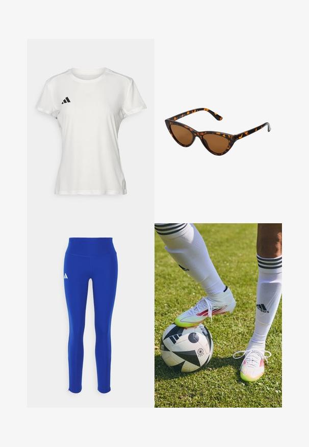 Valkoinen urheilupaita, joka on valmistettu kosteutta siirtävästä kankaasta. Lyhyet hihat, pyöreä kaula-aukko, musta logo ja kolmiraidallinen emblem vasemmassa rinnassa.; Sinisiä urheiluhousuja, joissa on korkea vyötärö, valmistettu joustavasta materiaalista, vasemmassa lantiossa valkoinen logo ja huomaamattomat saumat.; Valkoiset jalkapallokengät punaisilla yksityiskohdilla, lepäävät musta-valkoisen jalkapallon päällä, nurmikolla, jossa näkyy valkoiset sukat ja raidat.; Kattöga solglasögon med en svart och orange sköldpaddsmönstrad båge, bruna linser och slanka, spetsiga spetsar. Har en minimal logotyp på skalmen.