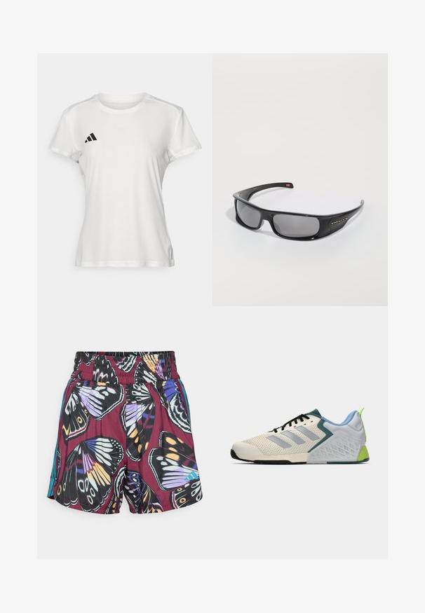 Valkoinen urheilupaita, joka on valmistettu kosteutta siirtävästä kankaasta. Lyhyet hihat, pyöreä kaula-aukko, musta logo ja kolmiraidallinen emblem vasemmassa rinnassa.; Shortsit, joissa on eläväinen perhoskuvio purppuran, mustan ja oranssin sävyissä. Elastinen vyötärö ja hienovaraiset sivuyksityiskohdat turkoosina.; Kevyet urheilukengät, joissa on kermaisen värinen verkkopinta, harmaat raidat, vihreä yksityiskohta ja texturoitu sininen kantapää. Mustat nauhat.; Mustat Oakley-kierrekylmä aurinkolasit tummilla suorakulmaisilla linsseillä ja kaarevilla varsilla tasaisella valkoisella taustalla.