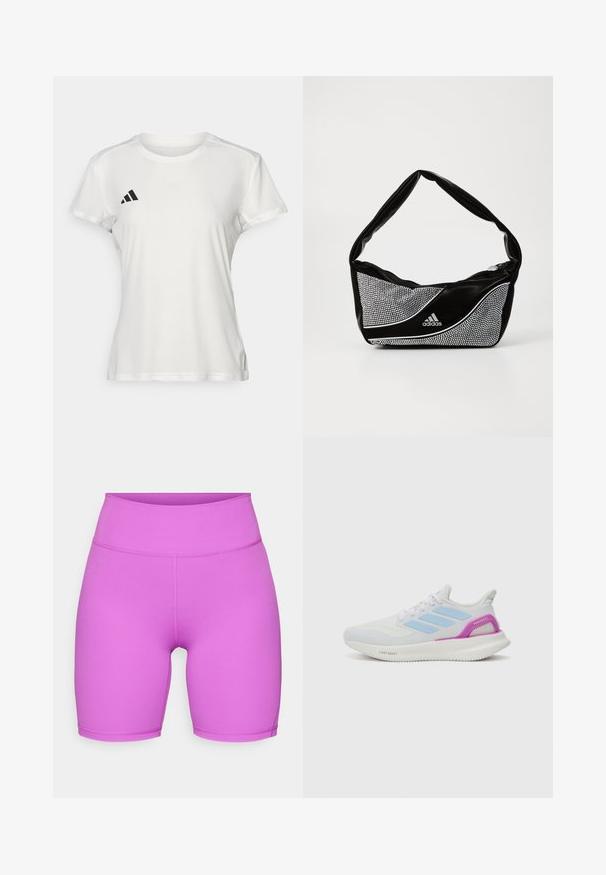 Hvid atletisk T-shirt lavet af stof, der fugttransporterer. Korte ærmer, rund hals, med sort logo og tre-stribet emblem på venstre bryst.; adidas Performance ALL ME ESSENTIALS SHORT LEGGINGS - Tights - purple burst; adidas Performance PUREBOOST 5 - Løbesko til landevejen - white/glow blue/purple burst; Sort og sølv adidas taske med en glat tekstur, prydet med et skinnende nittermønster og et karakteristisk buet design.