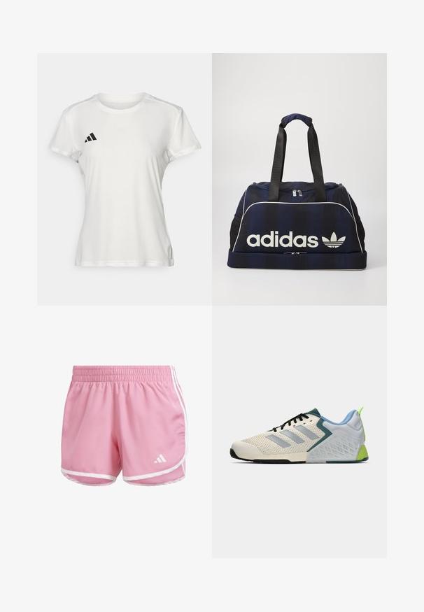 Valge sportlik t-särk niiskust eemal hoidvast kangast. Lühikesed varrukad, ümar kaelus, must logo ja kolme triibu embleem vasakul rinnal.; adidas Performance M20 - Spordišortsid - pink fusion; Kergedatavad spordijalatsid, millel on kreemvärvi mesh pealisosa, hallid triibud, roheline aktsent ja tekstureeritud sinine kand. Mustad paelad.; Tumesinine duffel kott valge Adidas logo'ga, millel on lukuga ülemine osa, kaks vastupidavat musta käepidet ja külgmised võrkpocketid. Sile kangatekstuur.