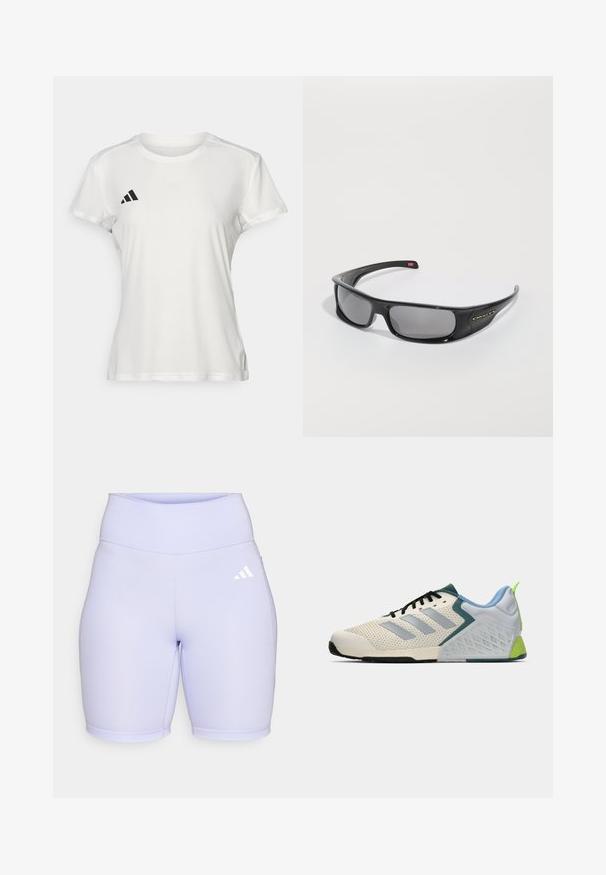 Camiseta deportiva blanca hecha de tejido que absorbe la humedad. Mangas cortas, cuello redondo, presenta un logo negro y un emblema de tres rayas en el lado izquierdo del pecho.; Pantalones cortos lilas de bicicleta hechos de una tela suave y elástica. Cintura alta con costuras planas y un logo blanco de Adidas en el lado izquierdo.; Zapatillas deportivas ligeras con parte superior de malla color crema, franjas grises, un acento verde y un contador de talón texturizado en azul. Cordones negros.; Gafas de sol envolventes negras de Oakley con lentes rectangulares oscuros y brazos curvados sobre un fondo blanco liso.