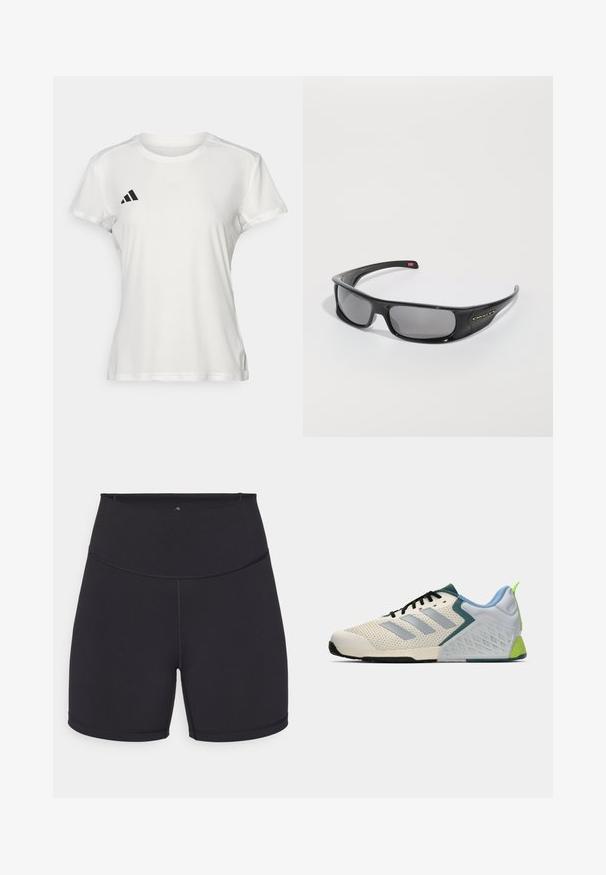 Vit sport t-shirt i fukttransporterande tyg. Kortärmad, med rund halsringning, har svart logotyp och tre-randig emblem på vänster bröst.; Svarta träningsshorts i elastiskt tyg. Har en hög midja och släta sömmar. Passar för aktiv användning och träning.; Lätta sportskor med en krämfärgad mesh-övre, grå ränder, en grön accent och en texturerad blå häldel. Svarta snörningar.; Svarta Oakley-wraparound-solglasögon med mörka rektangulära linser och böjda armar på en helt vit bakgrund.