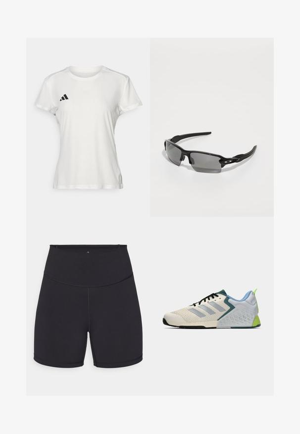 White athletic t-shirt made of moisture-wicking fabric. Short sleeves, crew neck, features black logo and three-stripe emblem on left chest.; Black athletic shorts made of stretchy fabric. Features a high waistband and smooth seams. Suitable for active wear and exercise.; Lightweight athletic shoes featuring a cream mesh upper, grey stripes, a green accent, and a textured blue heel counter. Black laces.; Black sports sunglasses with gray lenses, a curved frame design, and logo detail on the side. Made from lightweight plastic material.