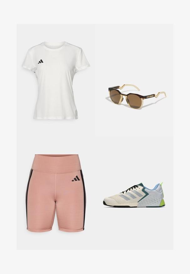 Biely športový tričko vyrobené z tkaniny odvádzajúcej vlhkosť. Krátke rukávy, okrúhly výstrih, s čiernym logom a emblémom s tromi pruhmi na ľavej hrudi.; Ružové športové šortky s vysokým pásom, vyrobené z elastického materiálu. Obsahujú čierne bočné pruhy a logo Adidas na ľavej strane.; Ľahké atletické topánky s krémovým sieťovinovým zvrškom, sivými pruhmi, zeleným akcentom a štruktúrovaným modrým pätovým oporom. Čierne šnúrky.; Hnedé okrúhle slnečné okuliare s rámom z korytnačiny a svetložltého priesvitného materiálu, so ostrými ramenami a textúrovanými detailmi na spánkoch.