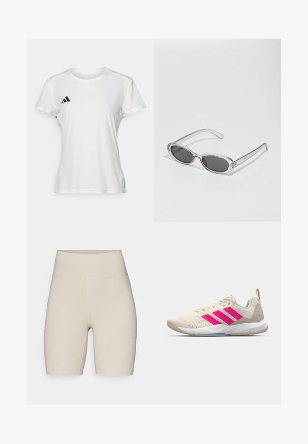 Camiseta deportiva blanca hecha de tejido que absorbe la humedad. Mangas cortas, cuello redondo, presenta un logo negro y un emblema de tres rayas en el lado izquierdo del pecho.; adidas Performance ALL ME ESSENTIALS SHORT LEGGINGS - Leggings - beige; Zapatilla deportiva beige con logo de tres rayas rosa, parte superior de malla texturizada, cuello acolchado y suela de goma blanca, con la marca "LIGHTSTRIKE".; Gafas de sol con forma ovalada, montura de plástico transparente, lentes gris oscuro y patillas delgadas y transparentes con acentos de logotipo y un diseño minimalista.