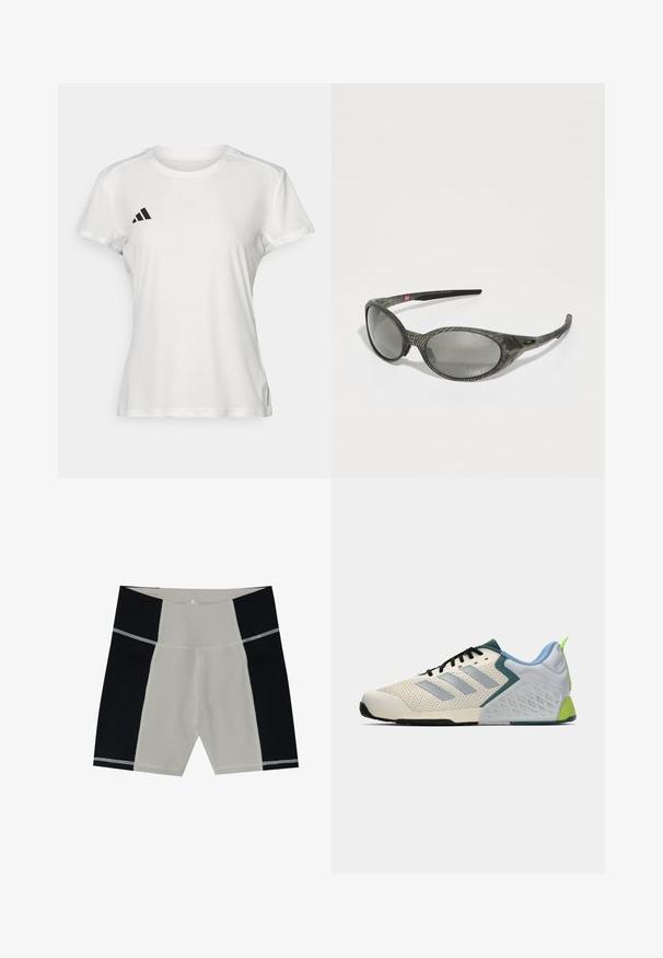 White athletic t-shirt made of moisture-wicking fabric. Short sleeves, crew neck, features black logo and three-stripe emblem on left chest.; Men's swim shorts with a beige center panel and black side panels. Made from smooth fabric with contrasting stitching. Mid-thigh length.; Lightweight athletic shoes featuring a cream mesh upper, grey stripes, a green accent, and a textured blue heel counter. Black laces.; Gray sunglasses with a textured, patterned frame. Oval lenses and slender arms feature a black accent. Lightweight composite material.