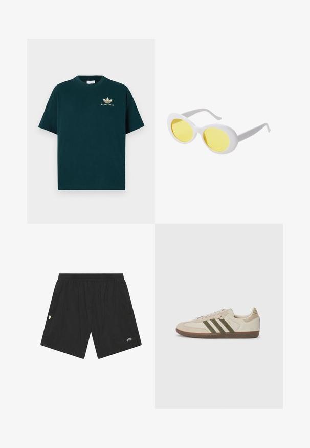 Mørkegrønn bomulls t-skjorte med rund hals, korte ermer og et gulltrykt logo med tre blader og ordet "BASKETBALL."; Svarte trening shorts laget av lett materiale, med elastisk midje, sidelommer og en liten logo på den nedre fronten.; adidas Originals SAMBA OG UNISEX - Joggesko - alumina/medium dark khaki/gum; Hvite ovale solbriller med gule linser og slanke stenger. Har en glatt plastkonstruksjon og stort sirkulært linse-design.