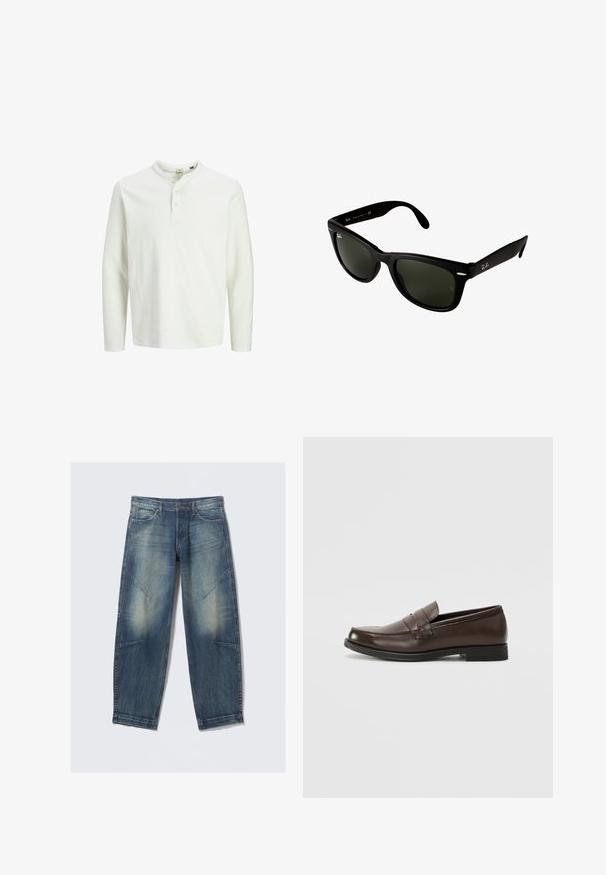 Cămașă albă cu mâneci lungi tip henley, cu trei nasturi și guler rotund, expusă pe un fundal alb simplu.; Blugi din denim decolorat albastru, cu buzunare frontale, bucle pentru curea și cusături decorative pe coapse și genunchi, întinși pe un fond alb.; Mocasin din piele maro cu vârful rotunjit, cusături decorative și un toc mic, plat. Textură netedă cu elemente de design subtile.; Ochelari de soare din plastic negru cu lentile de un verde închis. Designul cu ramă pătrată are accente argintii și un logo embosat pe pozitiv.