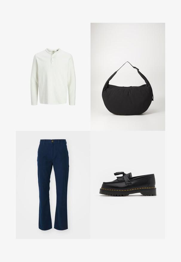 Bela dolga majica henley s tremi gumbi in okroglim izrezom, prikazana na enobarvni beli podlagi.; Mornarsko modri hlače iz bombažnega twilla s širokim krojem, z zapiranjem na gumb spredaj in stranskima žepoma. Gladka tekstura.; Črne usnjene loafersice s kaširanim naglasom, z debelim črnim podplatom in rumenim šivom ob robu. Teksturirana površina.; Črna platnena torba za ramo s ukrivljeno obliko, opremljena z enim trakom in zadrgo. Mehak material, minimalističen dizajn.