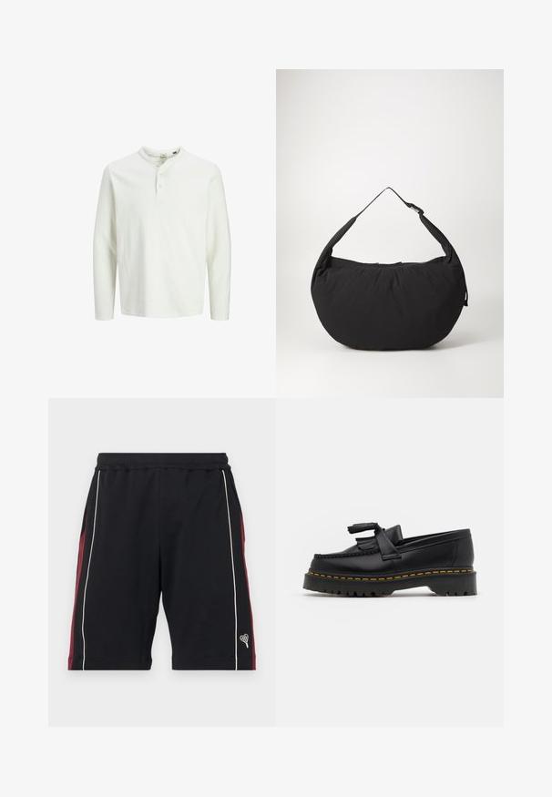 Hvit langermet henley skjorte med tre knapper og rund hals, vist mot en enkel hvit bakgrunn.; Sorte shorts laget av mykt stoff, med maroon sidepaneler, hvit piping og en liten hjerte-logo på kanten. Elastisk midje for komfort.; Svart skinn loafers med en kvastdetalj, med en tjock svart sula och gul sömnad längs kanten. Texturerad yta.; Svart stoff skulderveske med en buet form, med en enkel stropp og glidelås. Myk tekstur, minimalistisk design.