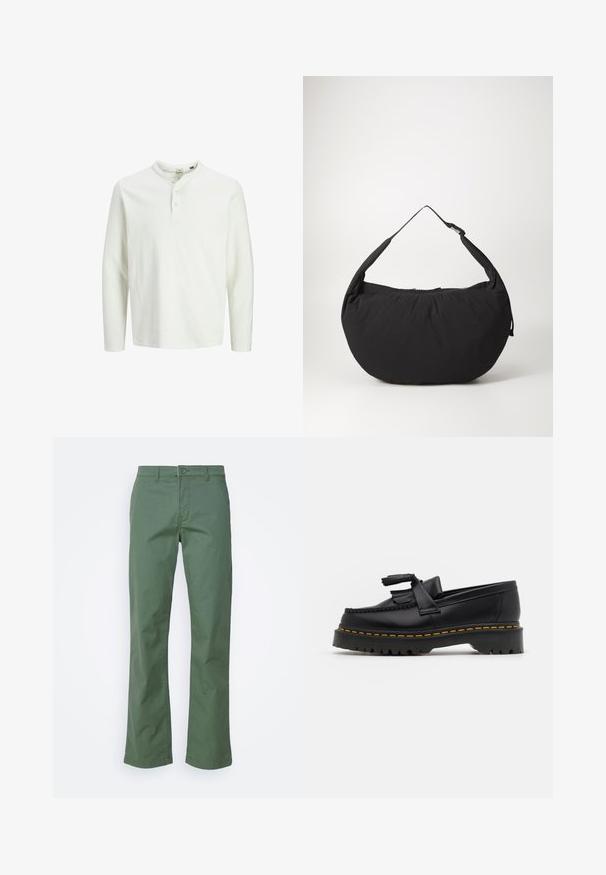 Fehér, hosszú ujjú henley póló három gombbal és kerek nyakkal, egyszínű fehér háttéren bemutatva.; Zöld pamut nadrág egyenes szárajjal, elöl gombos záródással és oldalsó zsebekkel. Simának érzetű textúra, minta nélkül.; Fekete bőr mokaszin, rojtos díszítéssel, masszív fekete talppal és sárga varrással az élén. Texturált felület.; Fekete szövet válltáska ívelt formával, egyetlen pánttal és cipzáras záródással. Puha tapintás, minimalista dizájn.