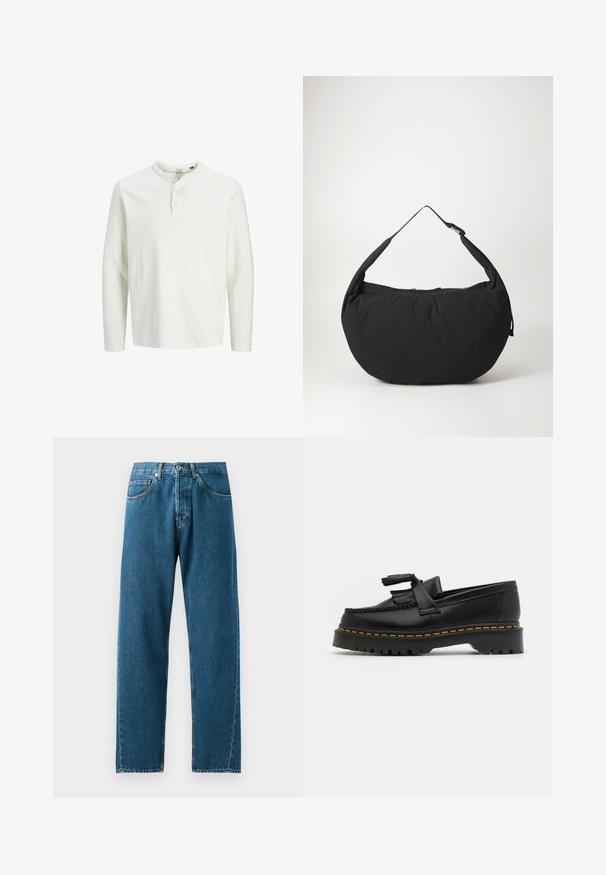 Balta ilga rankovė henley marškinėliai su trimis mygtukais ir apvalia iškirpte, rodomi ant paprasto balto fono.; Mėlyni džinsai su tiesiu kirpimu, penkiomis kišenėmis ir diržo kilpomis. Audinys turi subtilią tekstūrą ir išblukusias vietas kišenėse.; Juodas odinis loaferis su kutais, turintis masyvų juodą pado ir geltonus siūlus palei kraštą. Textūruota danga.; Juodas audinio peties maišas su kreiviu pavidalu, turintis vieną dirželį ir užtrauktuku uždaromą. Minkšta tekstūra, minimalistinis dizainas.