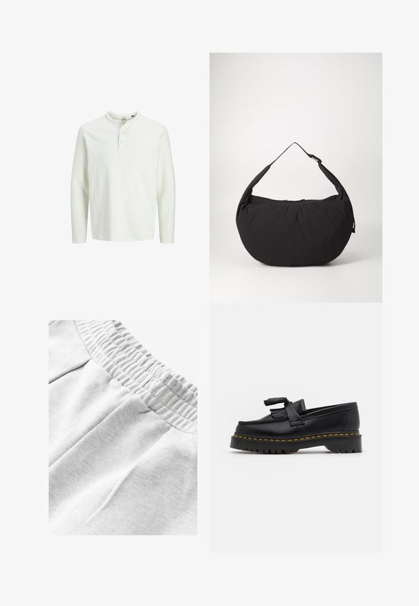 White long-sleeve henley shirt with three buttons and a round neckline, displayed on a plain white background.; Gray cotton sweatpants with an elastic waistband, featuring side pockets and a soft, textured fabric for comfort.; Black leather loafer with a tasseled accent, featuring a chunky black sole and yellow stitching along the edge. Textured finish.; Black fabric shoulder bag with a curved shape, featuring a single strap and a zippered closure. Soft texture, minimalist design.